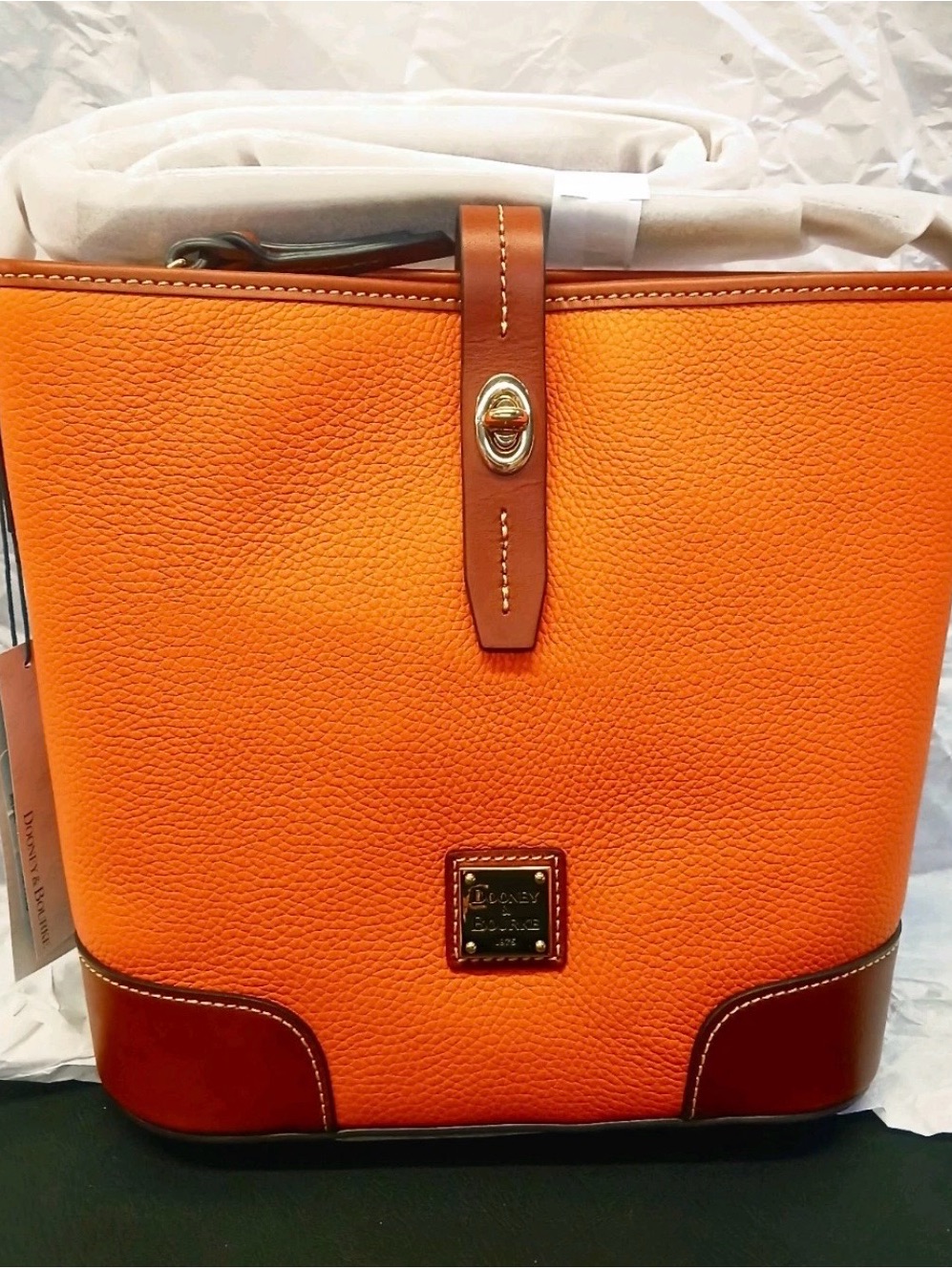 Dooney & Bourke Orange Leather Tote With Brown Trim And Gold Hardware